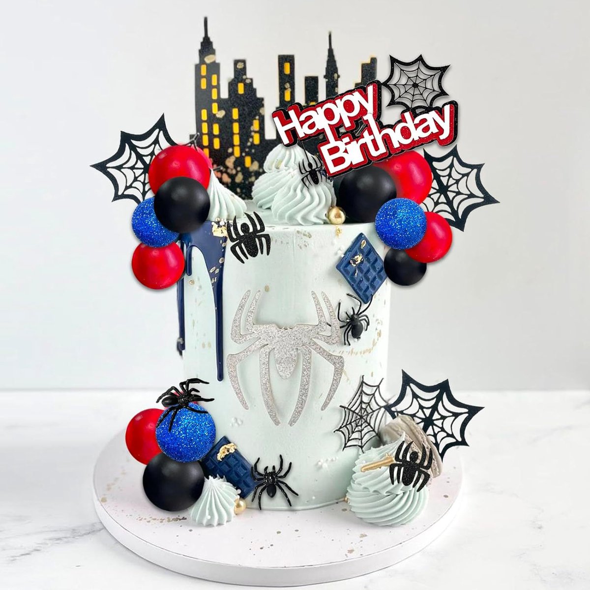 Spider-Thema Verjaardag cake topper set - Superheld taart decoratie met spinnen, webben en stadsdecor - Perfect voor jongens feest, kinderverjaardag of superheld Thema