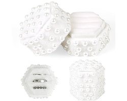 Parelfluwelen ringendoos met 3 compartimenten, zeshoekige trouwringhouder, elegante sieradendoos voor verloving, huwelijksaanzoek, bruidsfotografie en ceremonies (wit)