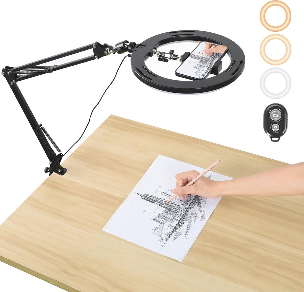 10 Inch Ringlamp met Statief en Afstandsbediening - 360° Draaibare Tafelringlamp voor Livestreams en Fotografie