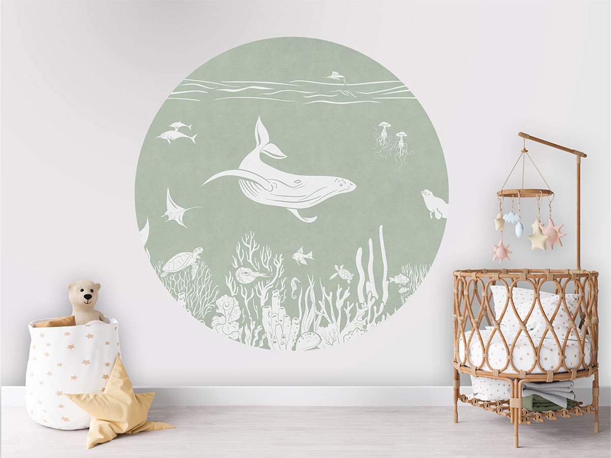 Muurcirkel - Kinderkamer - Decoratie rond - muurdecoratie - ø 100 cm - Onderwaterwereld - Groen - Monochrome Sea Green