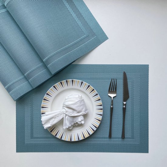 Vier decoratieve placemats, 45 x 30 cm, gemaakt van PVC, wasbaar, hittebestendig, slijtvast, antislip en vlekbestendig; keukenplacemats, blauw.