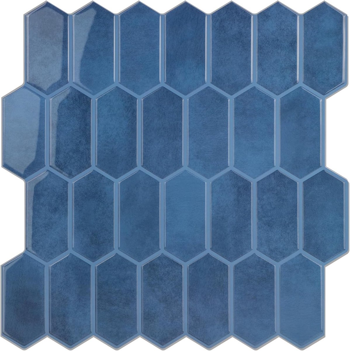 WalDecoo Lange zeshoekige tegels voor keuken, dikkere pel-en-plak wandtegels, 10 vellen 3D zelfklevende wandtegels, blauw 30 x 30 cm tegelstickers voor keuken en badkamer.