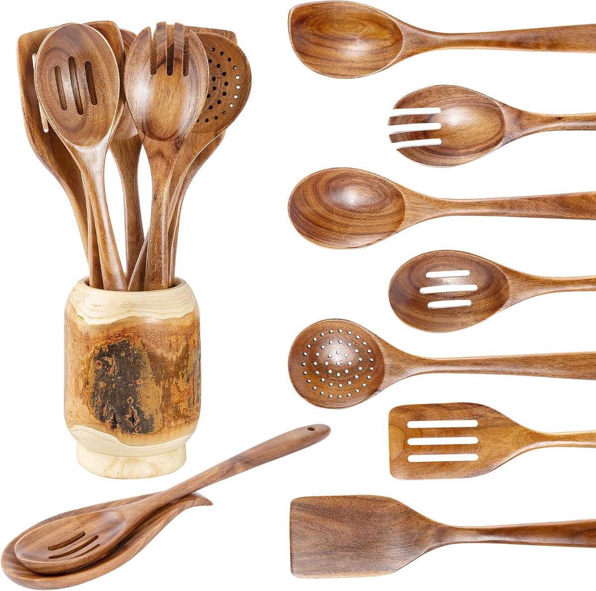Houten Koken Lepels Set - 9 Stuks van Natuurlijk Teak met Houder