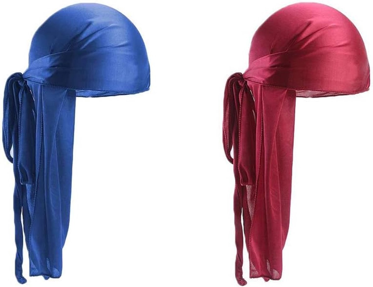 2pcs Long Tail Durag Turban Hat voor Hip Hop en Dagelijks Gebruik - Royal Blue - Wine Red