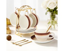 Cappuccino Kop en Schotel Set - 6 Delige Koffiekopjes Set porselein