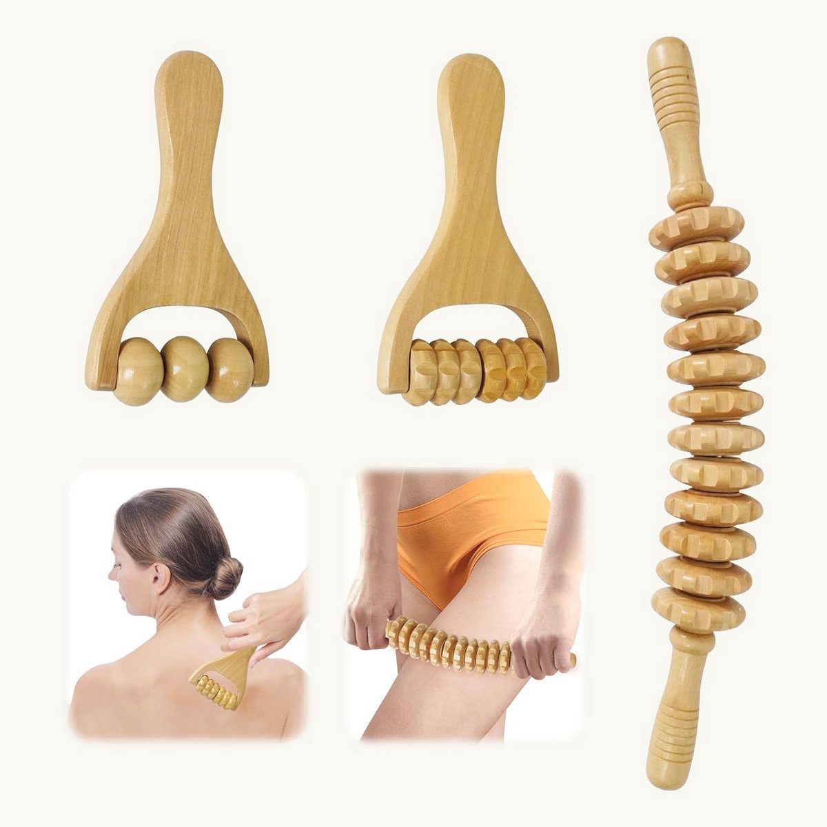 Massageroller voor cellulitis - Houten rolmassageapparaat met handvat - Set van 3