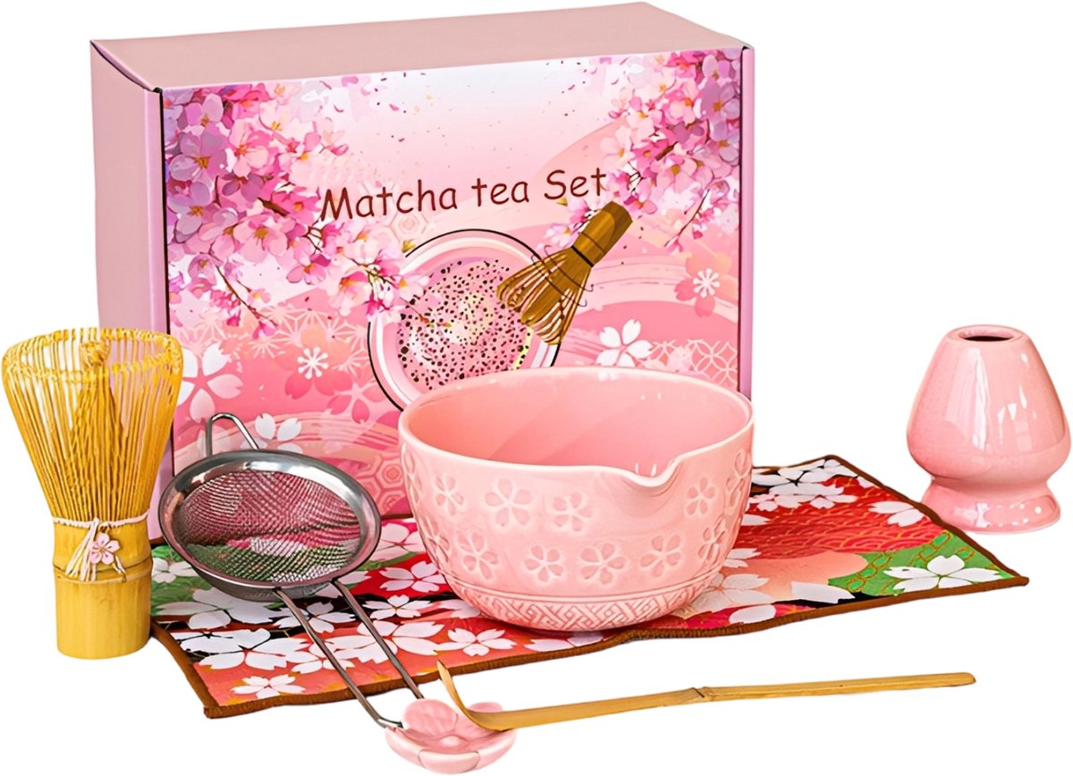 Matcha-set in roze, 7-delige startersset Matcha-theeset met zeef en garde Traditionele matcha-setaccessoires Ideaal voor familie en vrienden