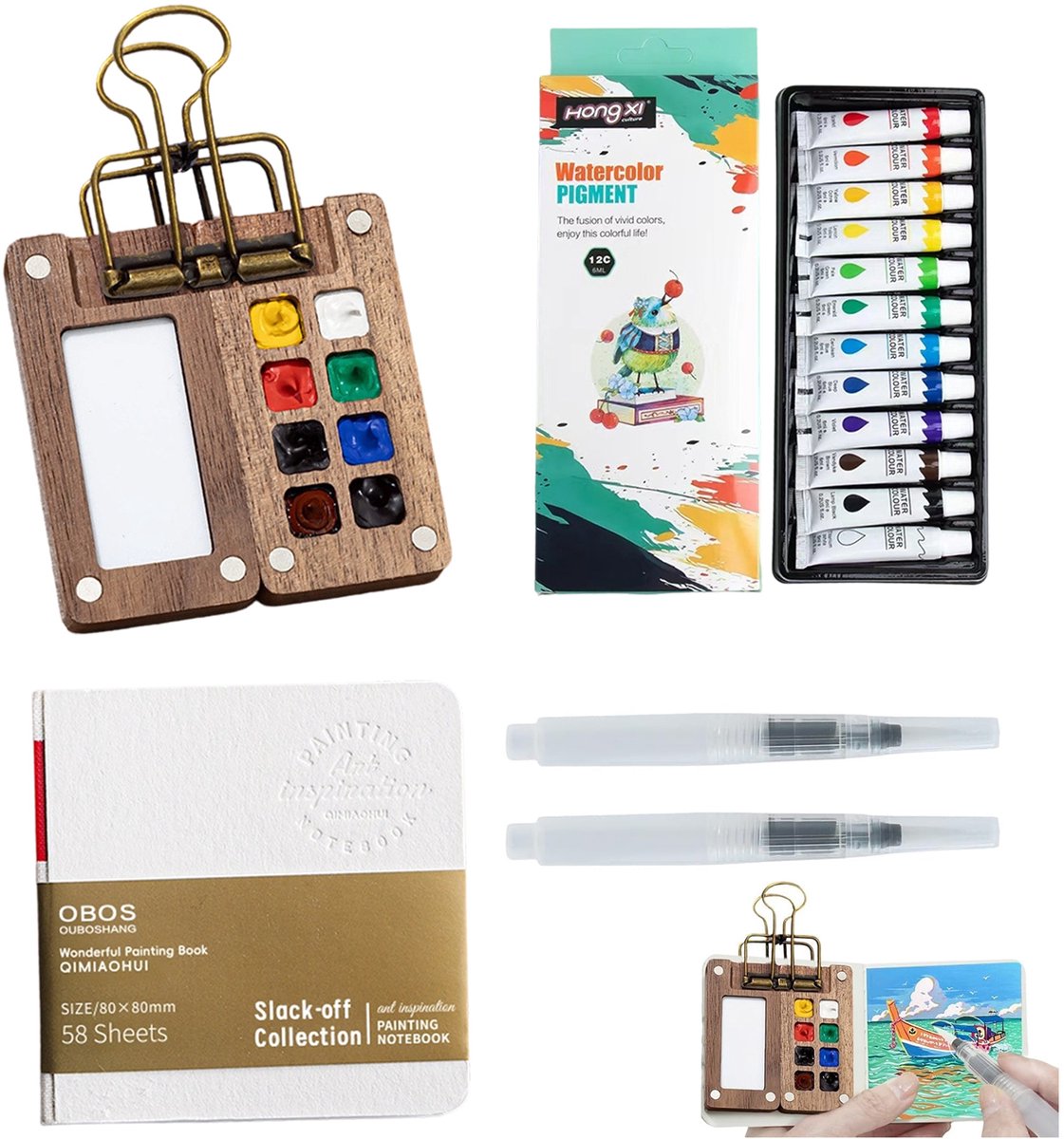 Mini-reisset voor aquarelverf - Draagbaar palet, 8 vakken - Compacte houten paletdoos - Reisverfbakje in zakformaat - Met metalen clip - Aquarelpalet met 12 kleuren en 2 aquarelpenselen - Aquarel-schetsboek - Voor kunstenaars en studenten