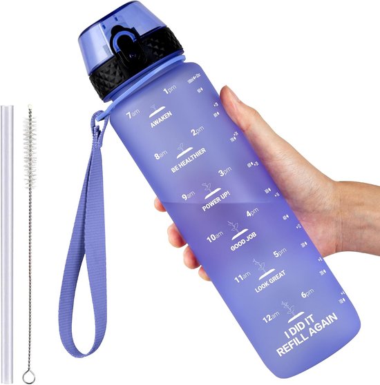 K-MART Sportwaterfles, waterfles van 1 liter met rietje en tijdmarkeringen, lekvrije drankfles