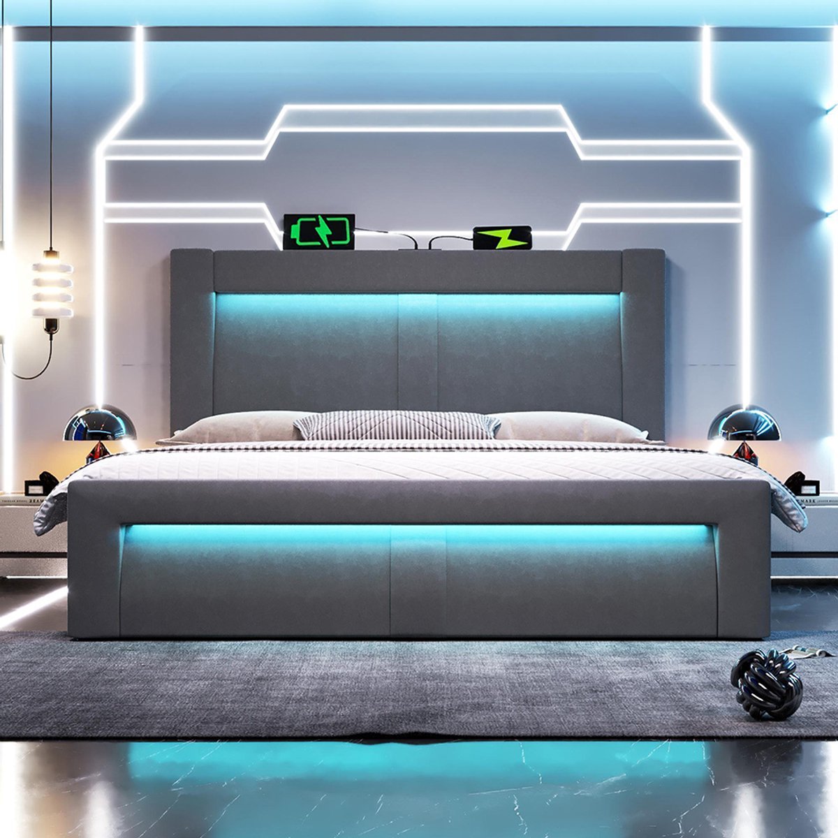 KOMHTOM Tweepersoonsbed 180 x 200 cm met opbergruimte, hydraulisch bed, ledverlichting met bediening via app, USB- en Type-C-oplaadpoorten, fluweel, gebogen hoofdeinde, grijs, zonder matras