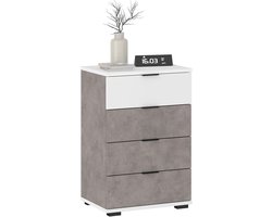 CARO-Möbel Nachtkastje Piano betonlook/wit, nachtkastje voor boxspringbedden, nachtkastje met 4 laden en handgrepen van kunststof, behuizing van MDF/spaanplaat