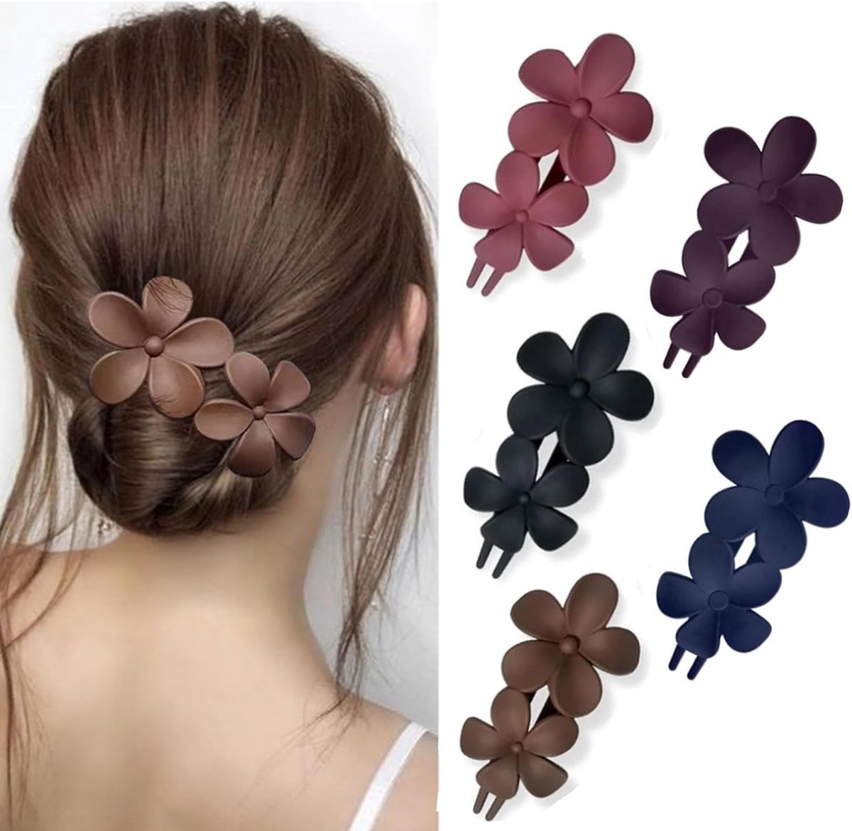Set van 5 Grote Matte Haarclips met Dubbele Bloem Design voor Dik en Dun Haar