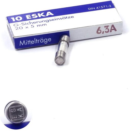Glazen 6,3A zekering voor 5x20mm met Eska doosje, middel-traag type en metalen contactpunten.