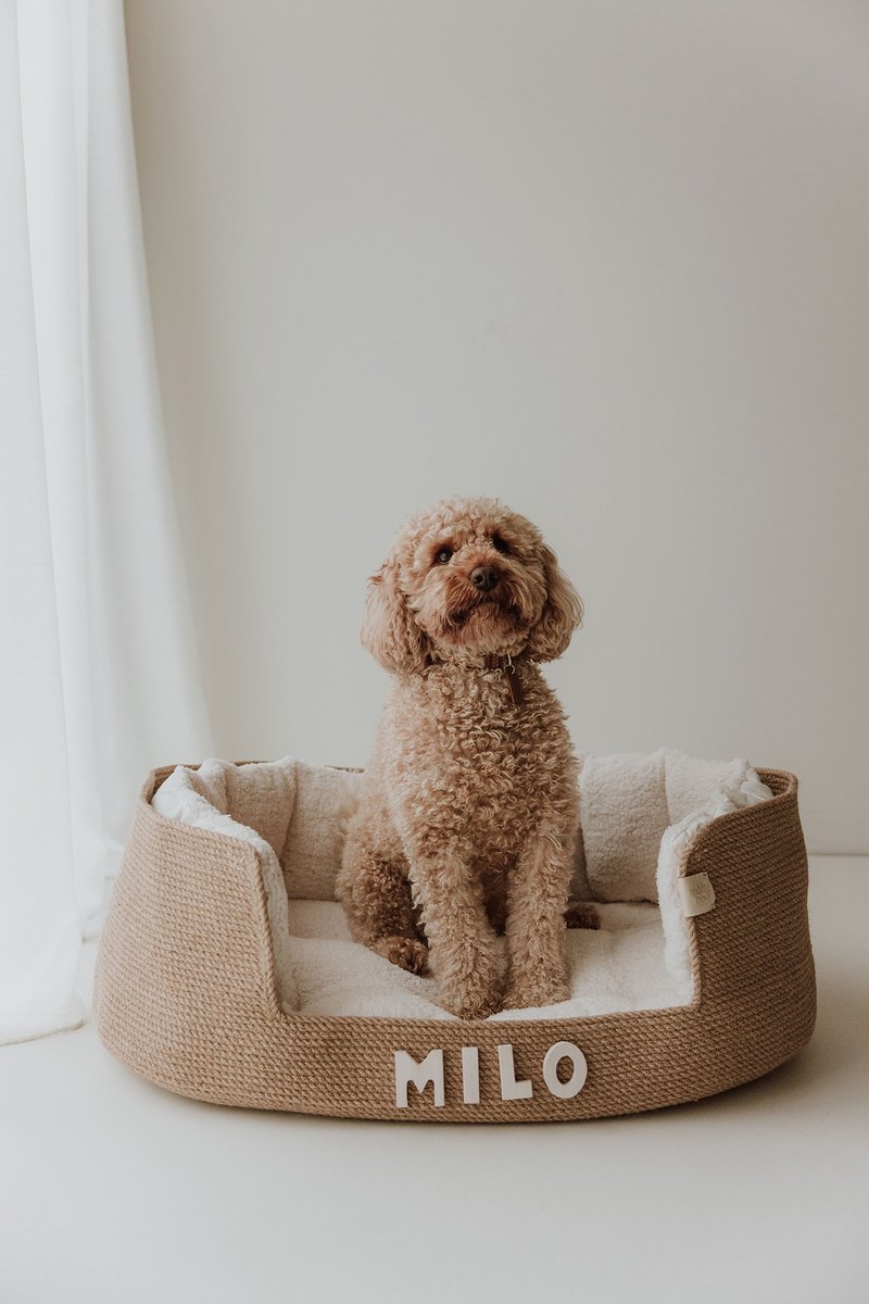 Hondenmand - Extra Large - Met Naam - Ecru - Mand - Kussen - Teddy - Zacht - Interieur - Dierenmand - Huisdier - Mooie hondenmand - Kattenmand - Kat - Handgemaakt - Dog Bed - Gepersonaliseerd - Hondenkussen - Kennel - Hond - Krabpaal