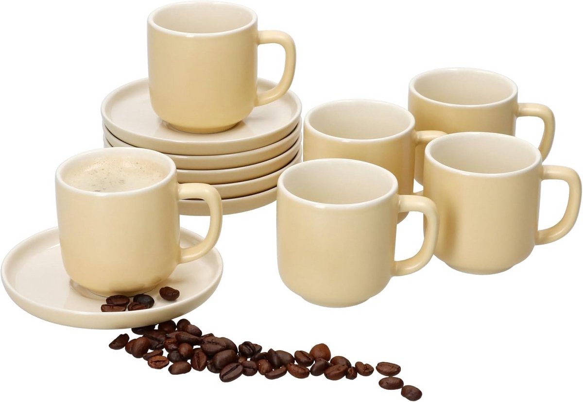 Set van 6 Espressokopjes en Schotels - Vanille Aardewerk - 70 ml - Vaatwasserbestendig