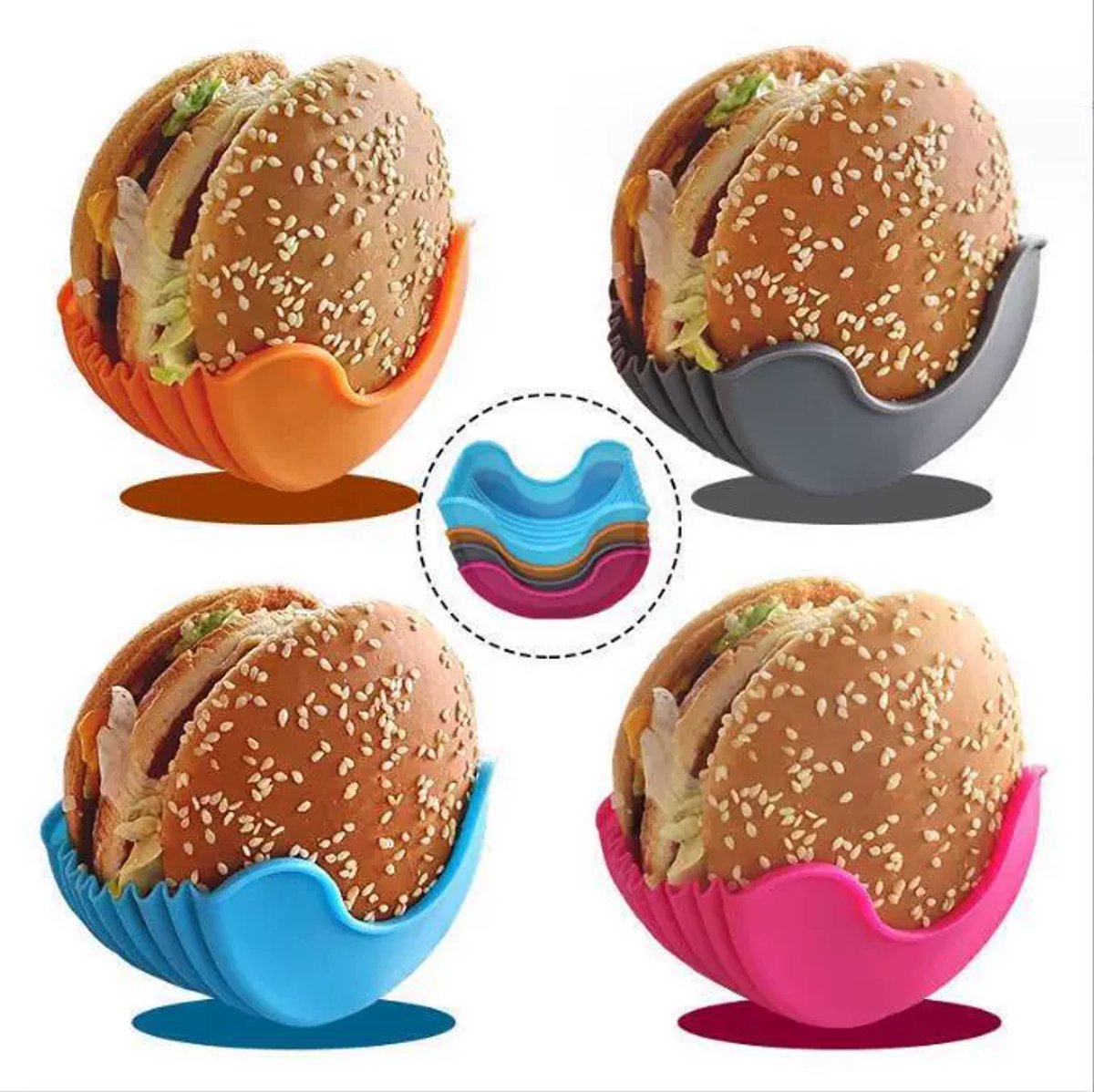 4 siliconen hamburgerclips, contactloos en valbestendig, hamburgerhouder