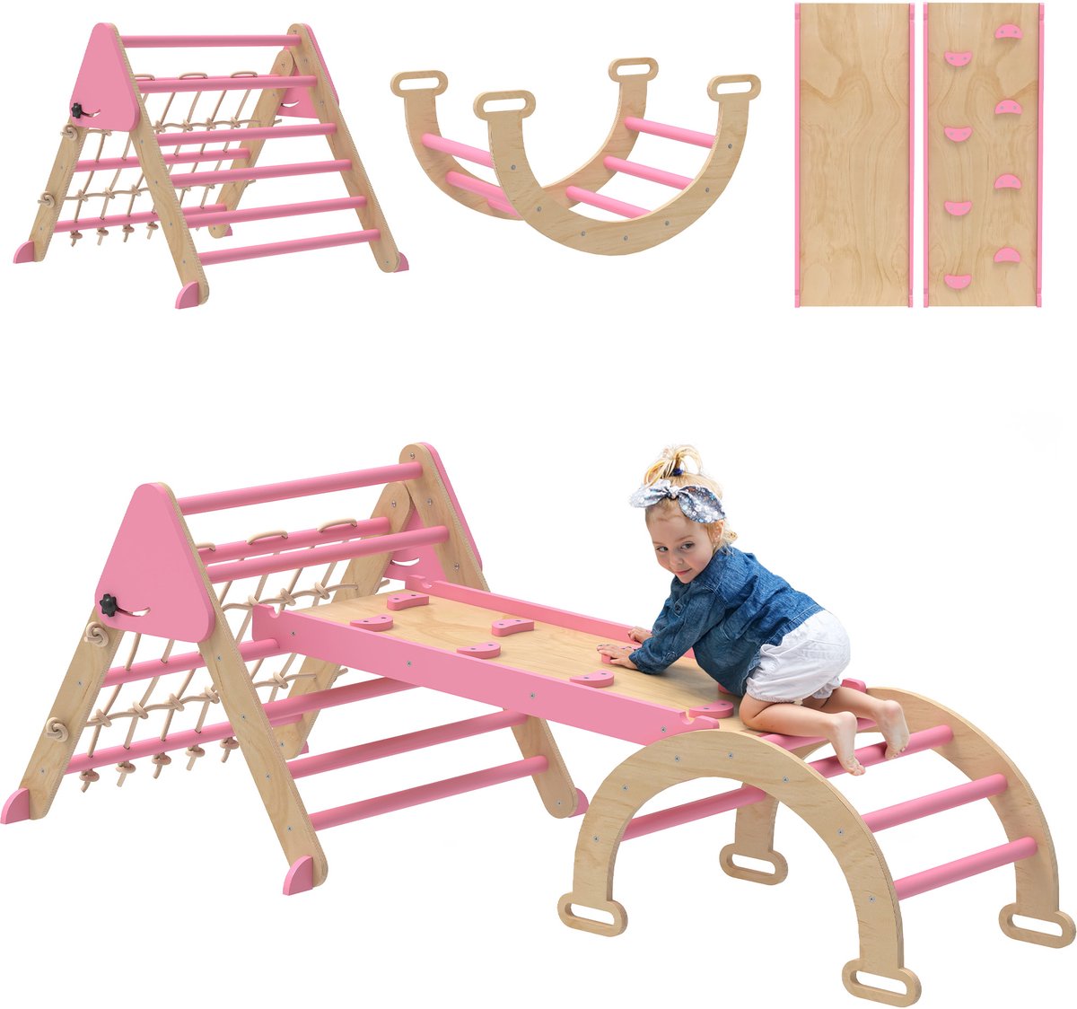 AIYAPLAY - Kinderklimrek - Populierenhout - 191,5 x 74,5 x 63 cm - Roze