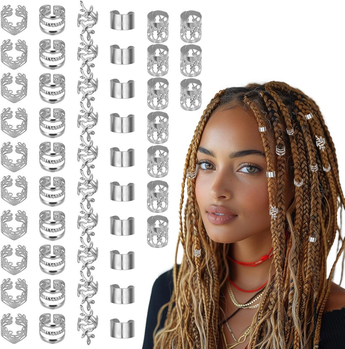 50 Stuks Haaraccessoires Goud & Zilver voor Vlechten, Dreadlocks en Haarversiering
