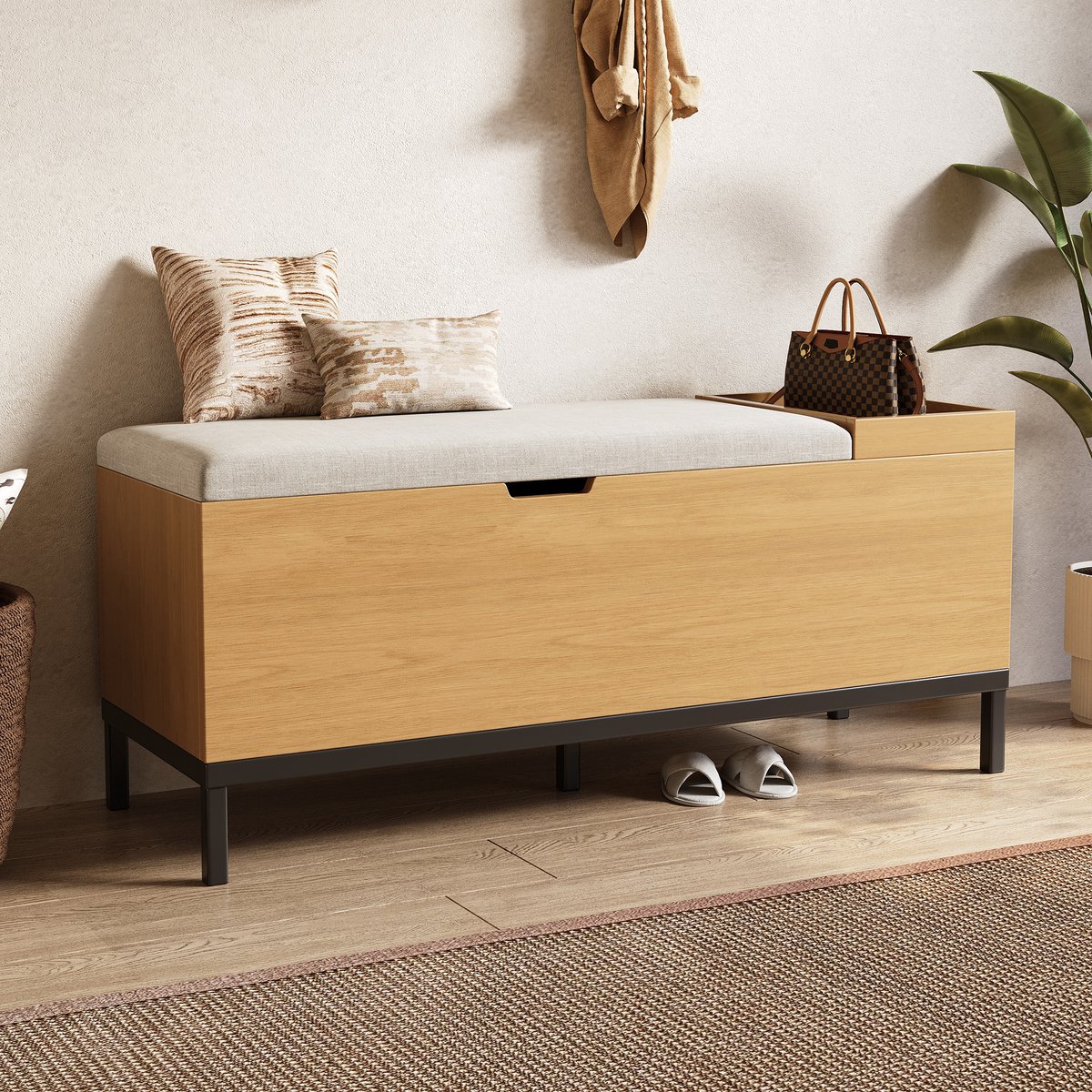 STILVORA Opbergbank Schoenbank - Zitbank Met Opbergruimte En Koudschuim Zitting - Multifunctioneel Voor Hal En Woonkamer - MDF - 115x49.5x40 cm - Naturel