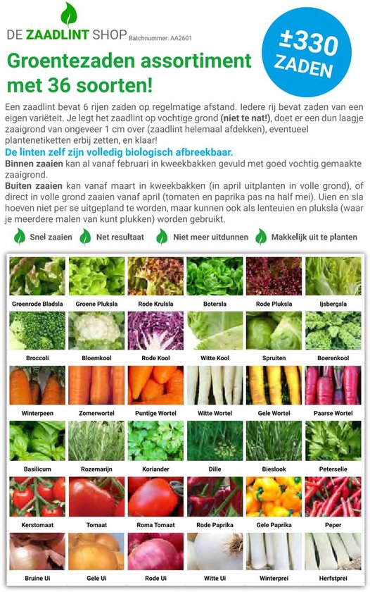 Verpakking met groentezaden, 'Groentezaden assortiment met 36 soorten!', met afbeeldingen van groenten en plantinstructies.