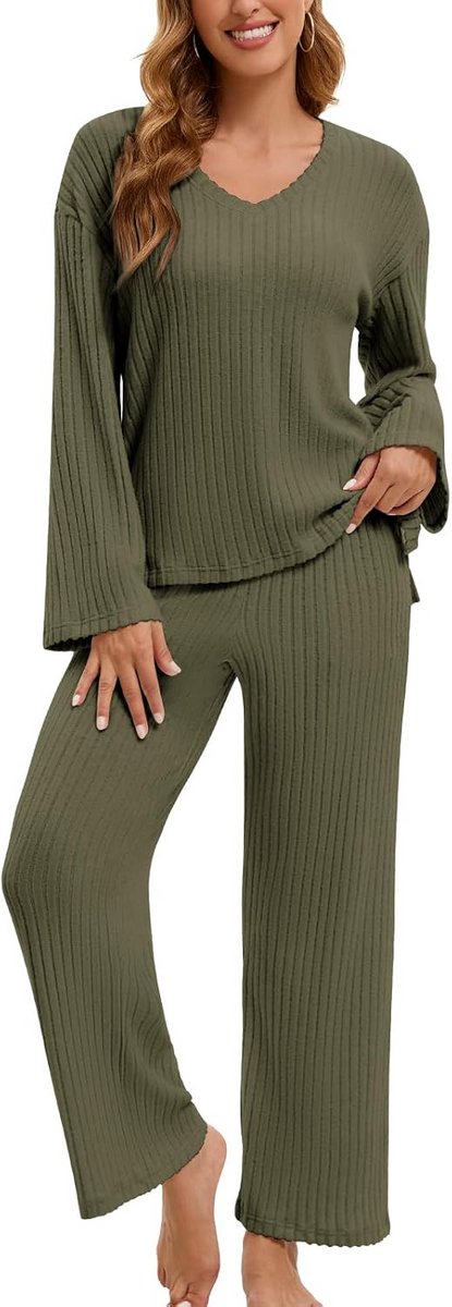 Dames Tweedelige Gebreide Lounge Set met Lange Mouwen en V-hals