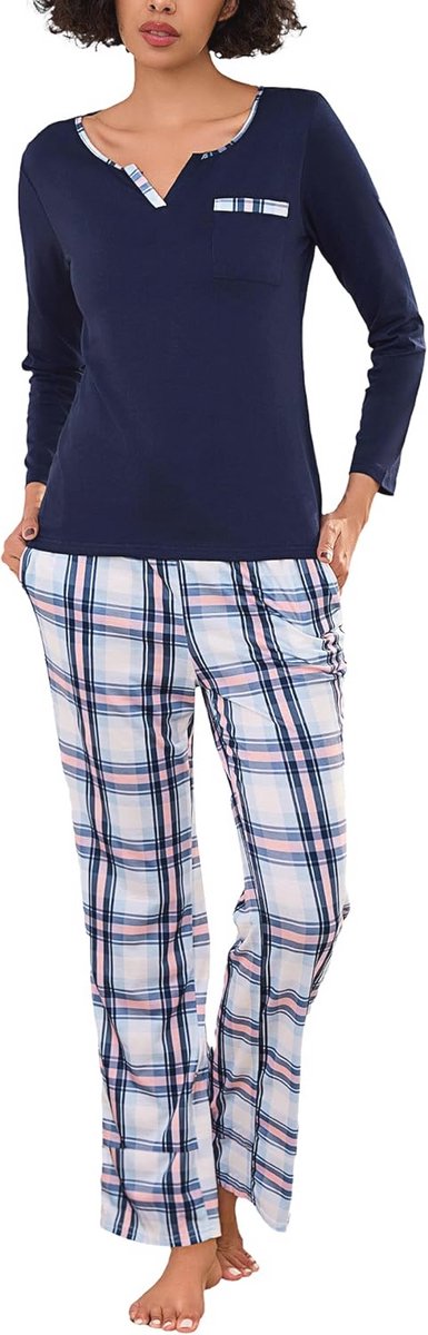 Dames Lange Mouw Pyjama Sets - Gecheckte Nachtkleding V-hals Loungewear Set