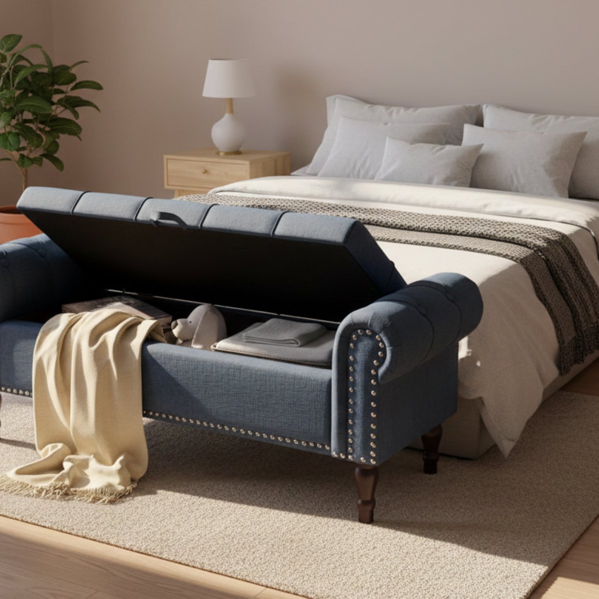 Opbergbank / Zitbank Altameubel Elegance 130x43x50 cm – Donkerblauwe Linnen Bank met Armleuningen, Verfijnde Siernagels, Tufted Kussen en Verborgen Opbergruimte – Ideaal voor Woonkamer, Slaapkamer of Hal
