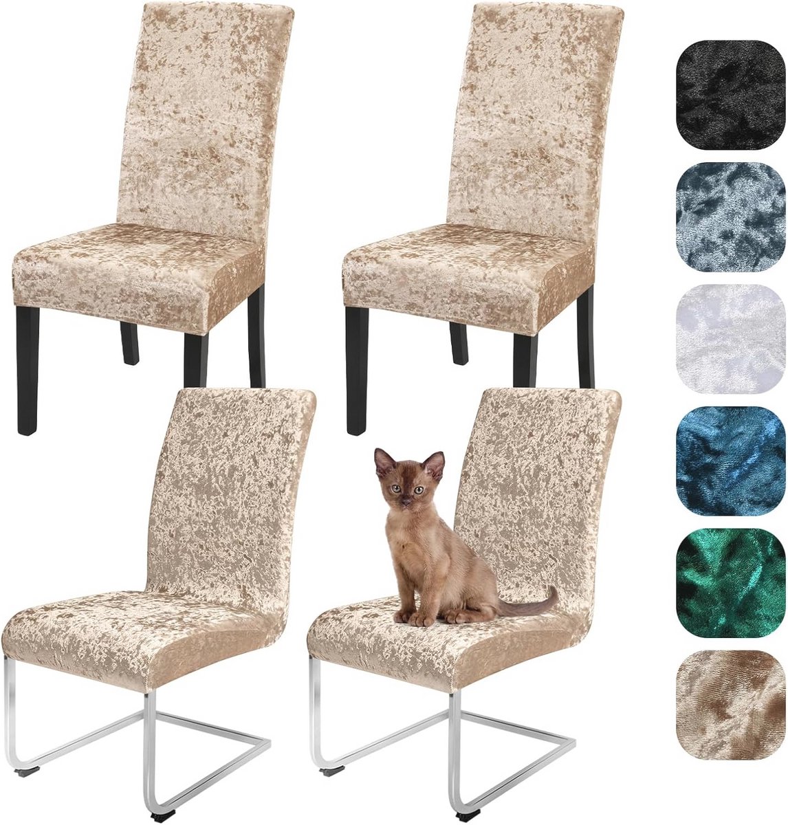 Set van 4 of 6 Gekreukte Fluwelen Stoelhoezen voor Eetkamerstoelen - Afneembaar, Wasbaar & Stretch