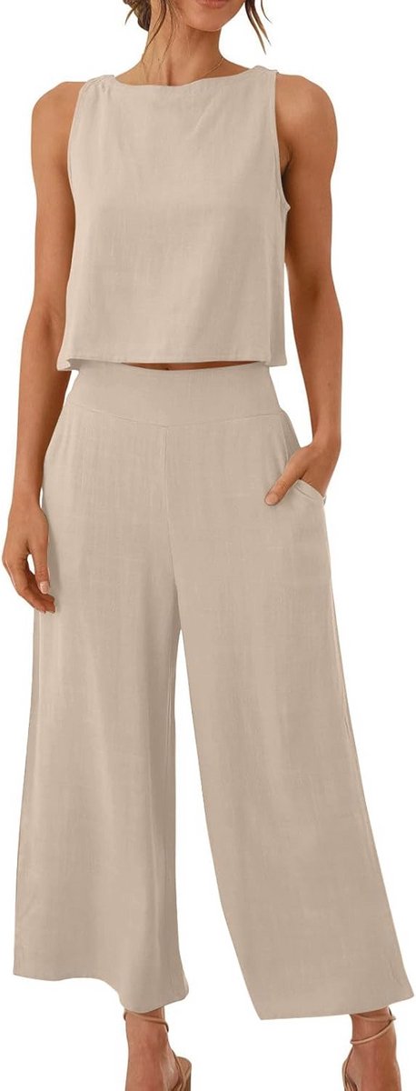 Mouwloze croptop met wijde broek, 2-delige set voor dames, casual loungewear en comfortabele luchthavenoutfit