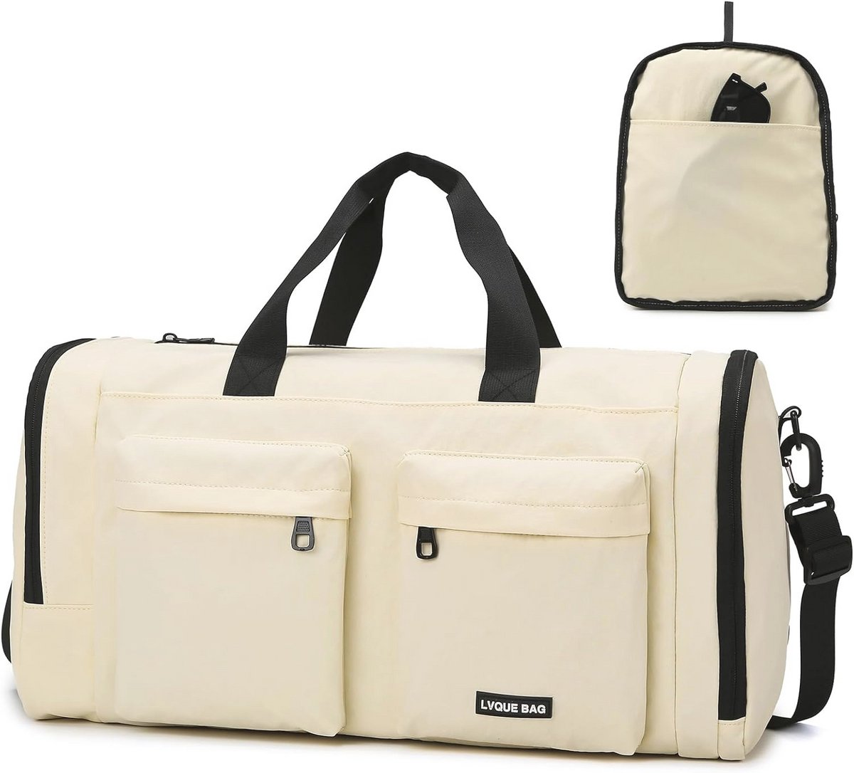 Outplea 30L Foldable Sports Bag, Sports Bag with Shoe Compartment and Wet Pocket, Holdall Travel Duffle for Weekend Overnight Stay, Fitness, Yoga, White