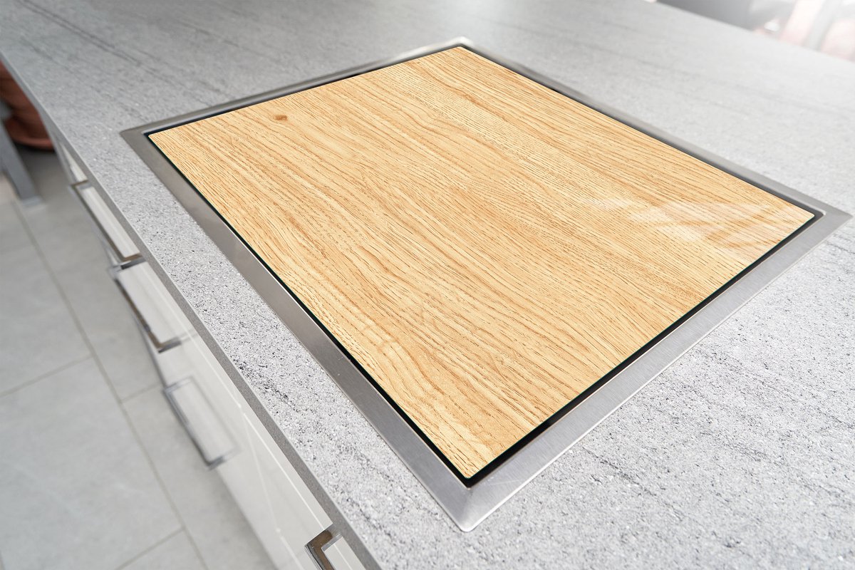 TMK - Glazen Snijplank - Afdekplaat Kookplaat - 52x30 cm - Houtlook - Gehard Glas - Inductie Beschermer