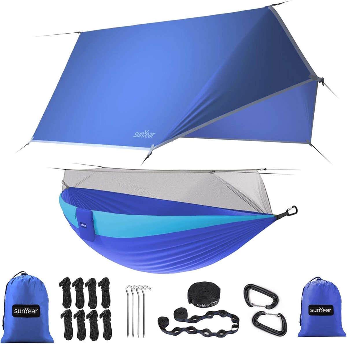 Camping Hangmat met Net en Regen Tarp - Lichtgewicht Enkel & Dubbel Nylon Parachute Hangmat voor Backpacken en Reizen