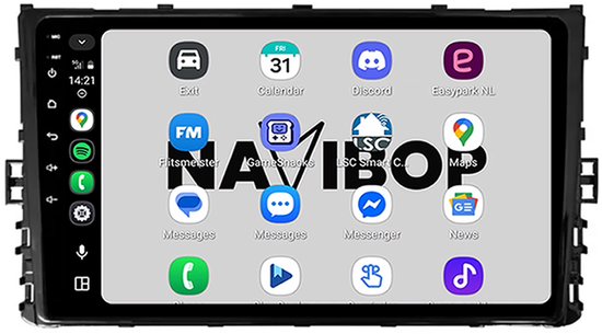 Autoradio Navibop avec applications : Exit, Calendar, Discord, Easypark NL, FM, Fitsmeester, GameShar.ko, LSC Snap C., Maps, Messages, Messenger, News.