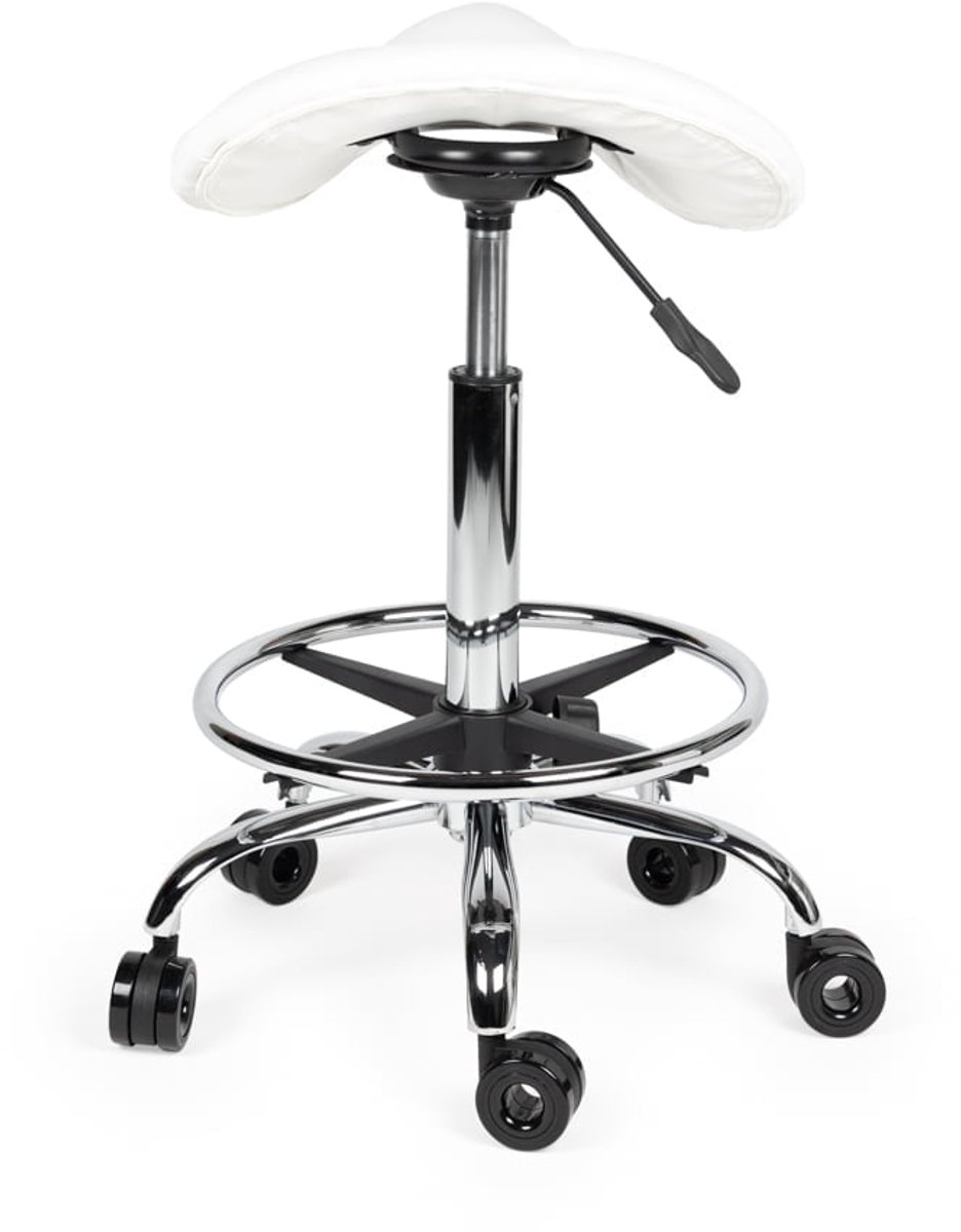 Ergonomische Kapperskruk Wit op Wielen Hoog (70-86cm) / met Voetsteun