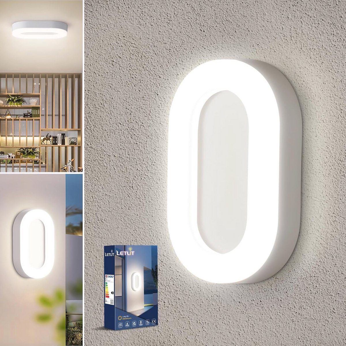 Led-wandlamp en plafondlamp 12 W voor binnen en buiten verlichting, IP65, 1200 lm, 4000 K voor hal, kelder, tuin en garage