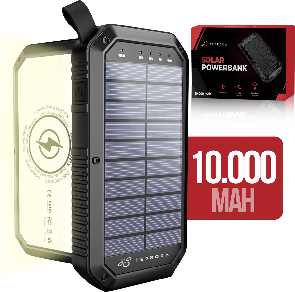 Tedroka Zonne-Energie Powerbank - 3-in-1 Draagbare Oplader