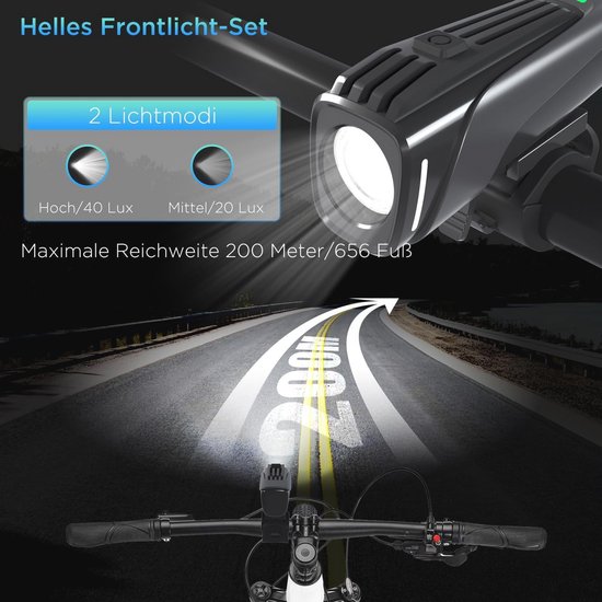 evermotor LED Bicycle Light Set, StVZO-Approved, Bicycle Light + Rear Light, USB C Rechargeable Bicycle Lights Accessories Long Lasting Mountain Bike Lighting Set for Children Adults — afbeelding 5