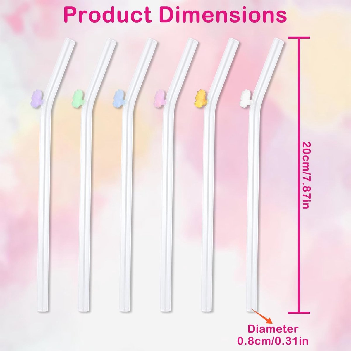 Herbruikbare Glazen Rietjes - Set van 6 - Multicolor Vlinders Versierd - Eco-Vriendelijke Gebogen Drinkrietjes voor Smoothies Milkshake Cocktail (20cm, Helder) — cadeau in Koken & Dineren - foto 2