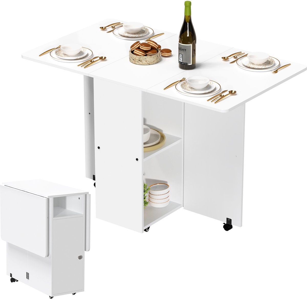 PIPIPOXER-Opklapbare Eettafel, keukentafel met wieltjes, opklapbare vleugels, multifunctionele bijzettafel voor werk, wit