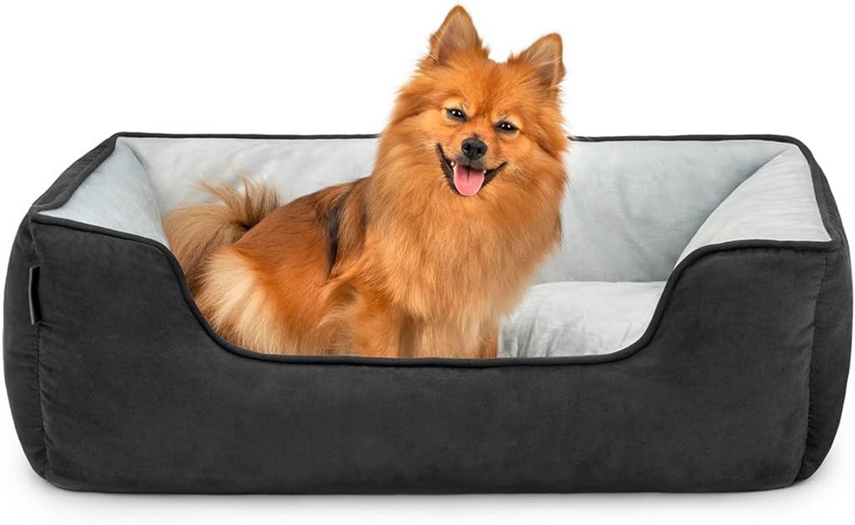 Comfortabel 2-in-1 Hondenbed met Lage Instap, Omkeerbaar Hondenkussen voor Hond en Kat (M) 80x60cm Suède Look Zwart/Grijs