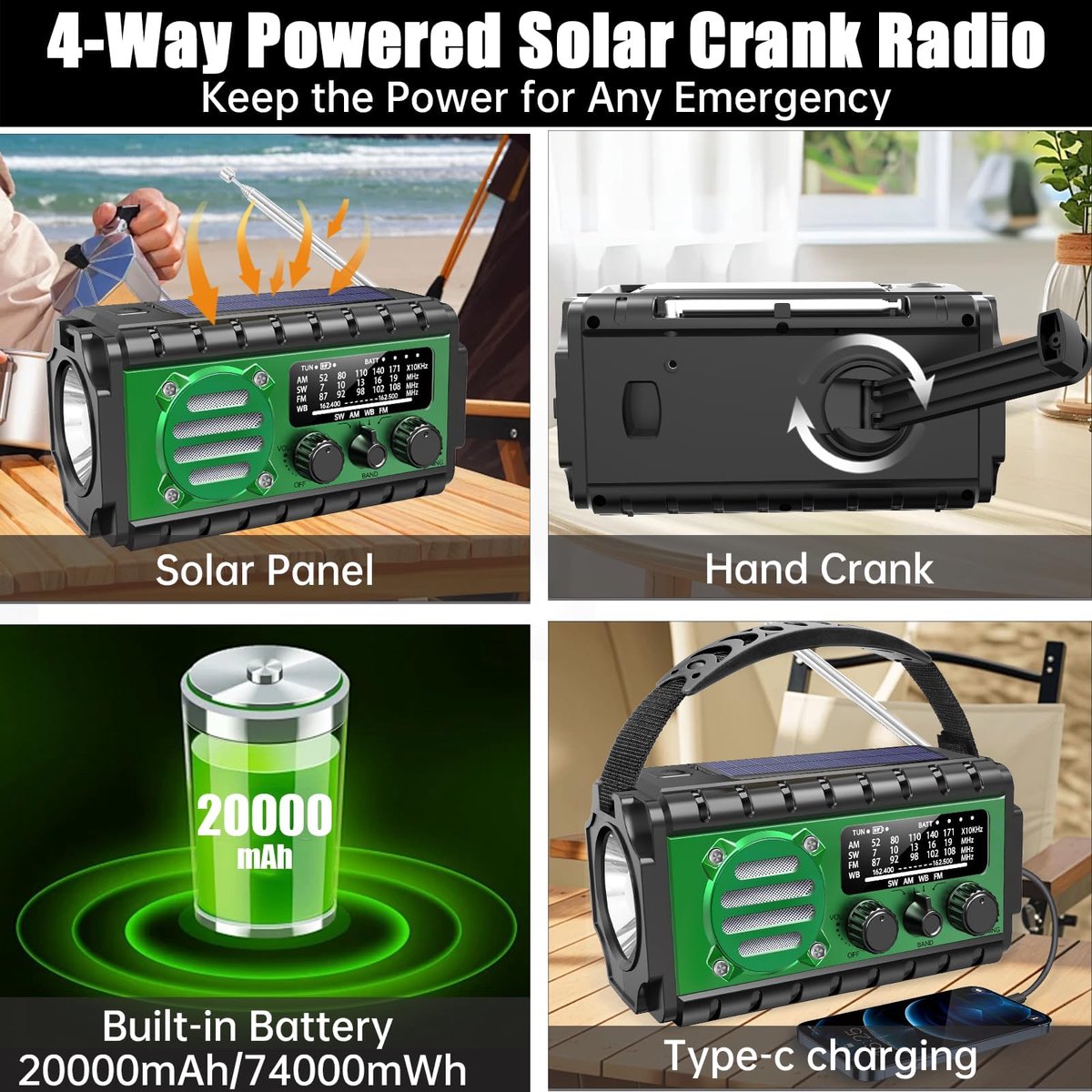 Noodradio met 20000mAh Powerbank - SW/NOAA/AM/FM weerradio, handbediende oplader met grote batterij, draagbaar, opladen van mobiele telefoon, SOS, zaklamp voor noodgevallen/thuis en outdoor – foto 6