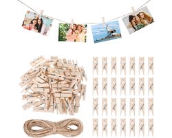 150 Stuks Mini Houten Knijpers met 10m Fotolijn voor Foto's, Kaarten en Knutselen