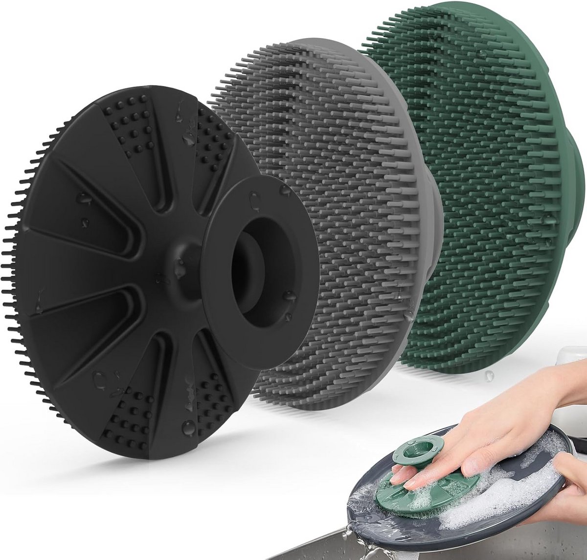 Siliconen Spons 3-Pack - Duurzame, Krasvrije Keukensponzen met Zuignap