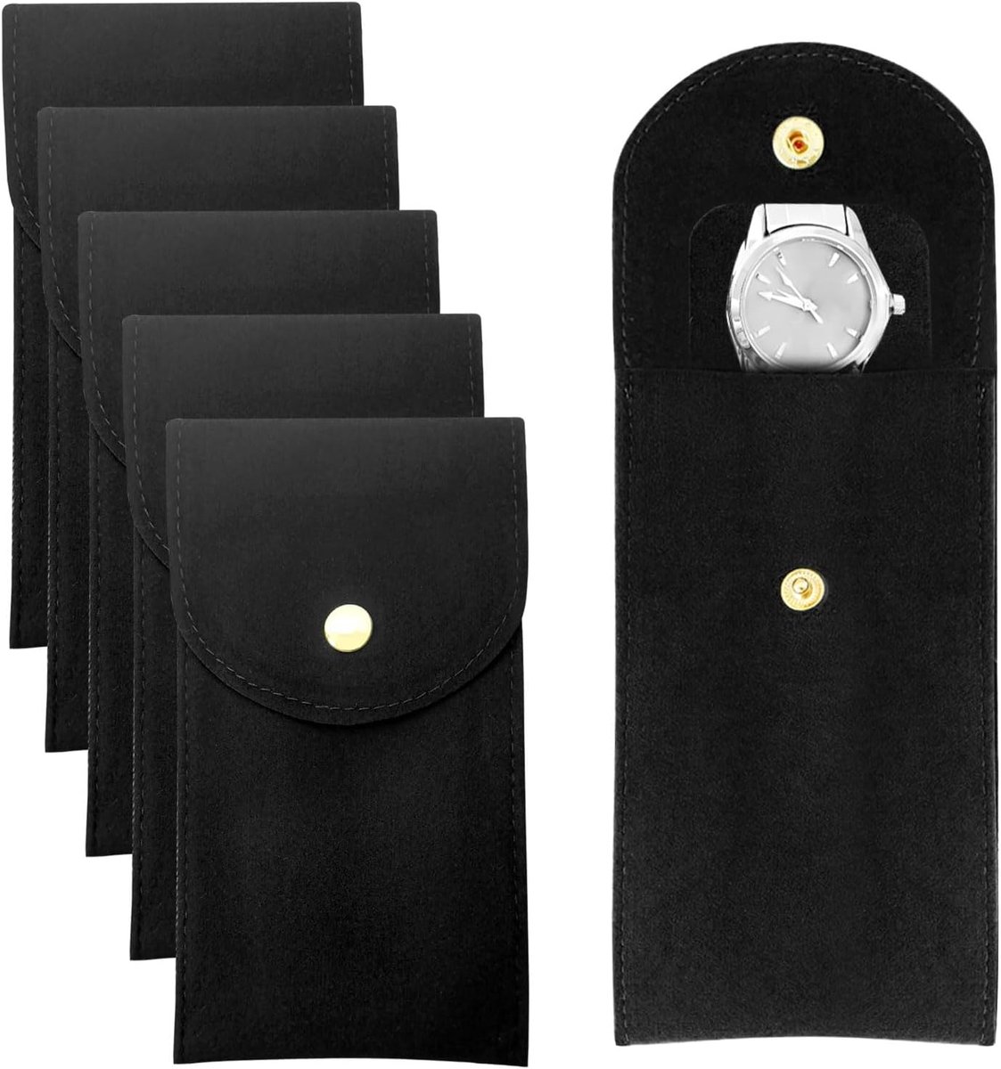 5 Pcs Watch Storage Pouch - Portable Single Watch Travel Case - Flannel Fabric Watch Bag met Snap Button voor Jewelry Watch Organizer en Travel Outdoors (Zwart)