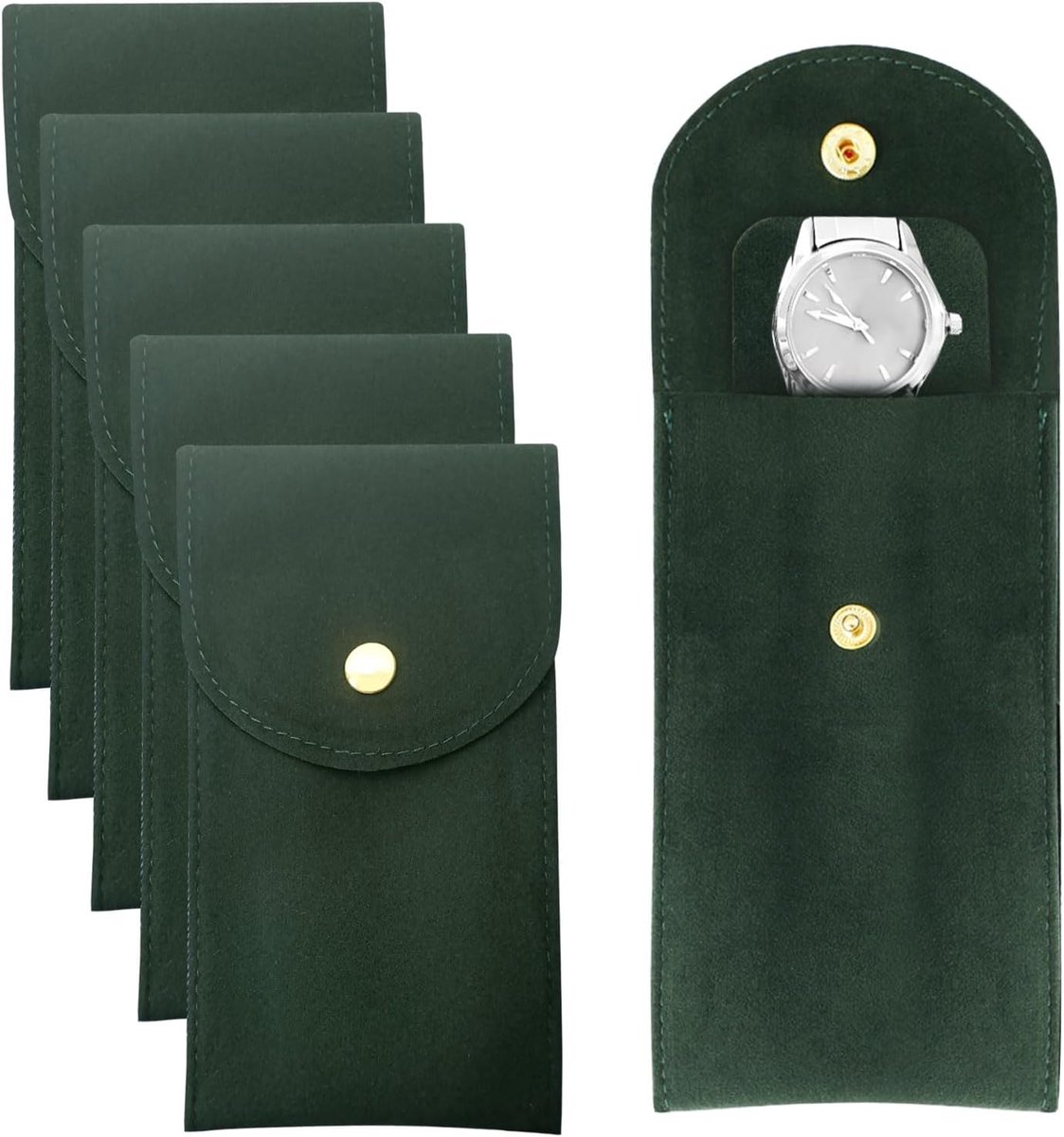 5Pcs Watch Storage Pouch - Portable Single Watch Travel Case - Flannel Fabric Watch Bag met Snap Button voor Jewelry en Watch Organizer voor Travel en Outdoor (Dark Green)