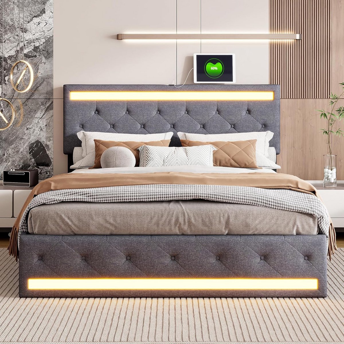 Tweepersoons Bedframe 140x200 met 4 Opbergladen en Ingebouwde LED Verlichting