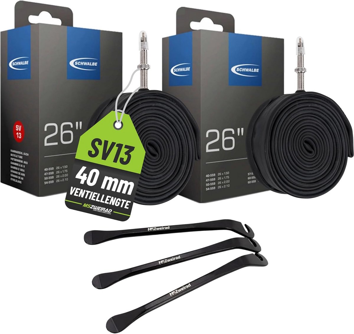 Set van 2 Fiets Binnenbanden SV 40mm 26 Inch inclusief Montagekragen