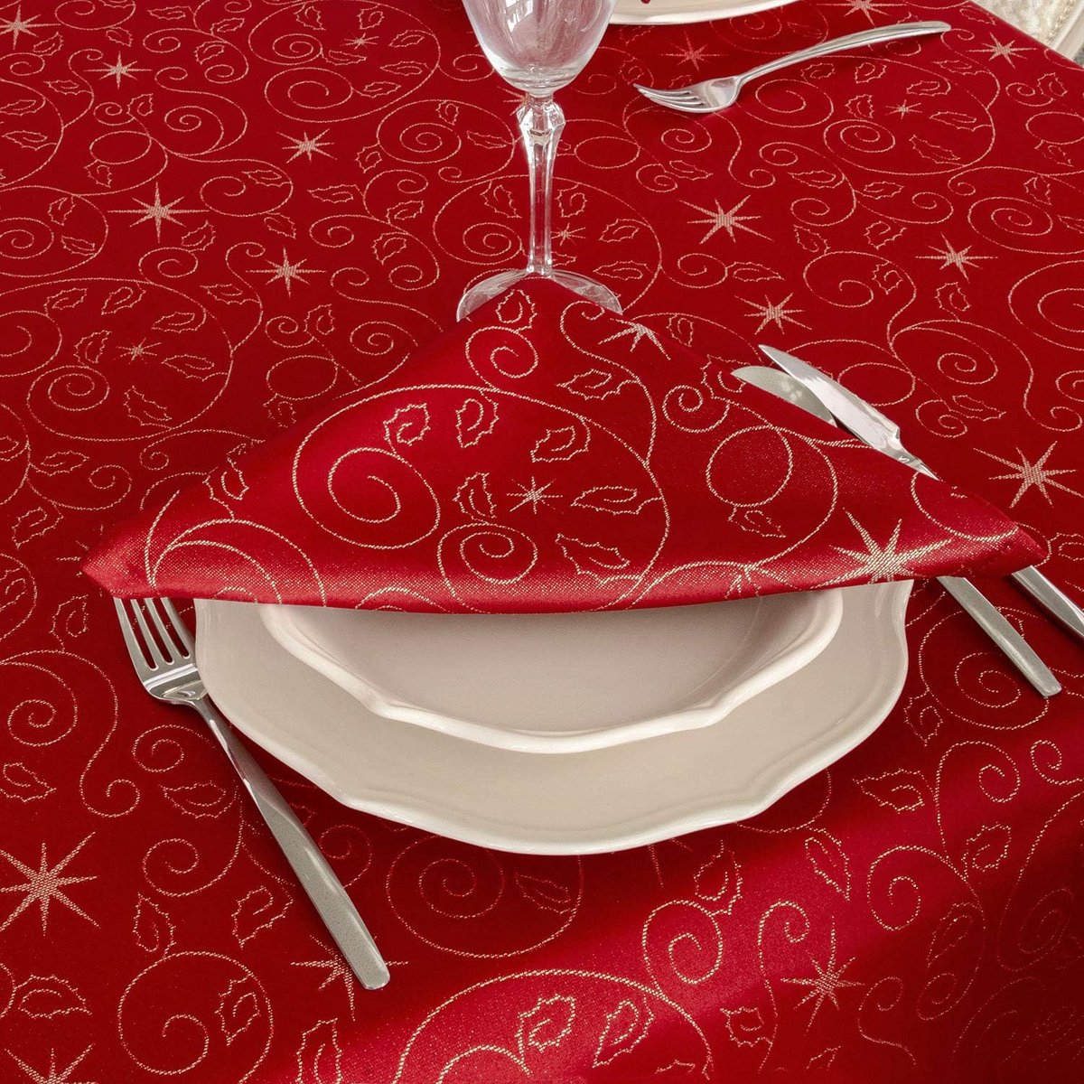 Kerst Tafelkleed Rood Zilver Poinsettia Kerststerren 150x250cm Wasbaar