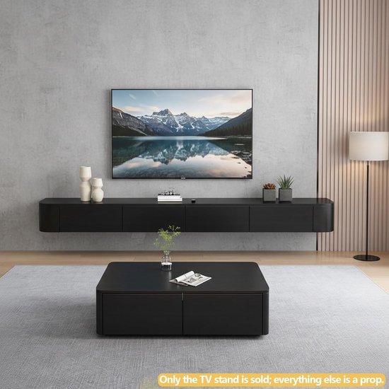 Zwevend TV-Meubel Zwart 260 cm Breed - Wandkast met Opbergruimte en ...