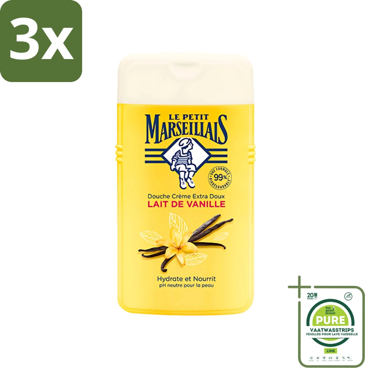 3 x Le Petit Marseillais - Douchecrème - Vanillemelk - Hydraterend - 250ml - Grootverpakking - Douchecrème - Vanille - Hydraterend - Le Petit Marseillais - Douchegel